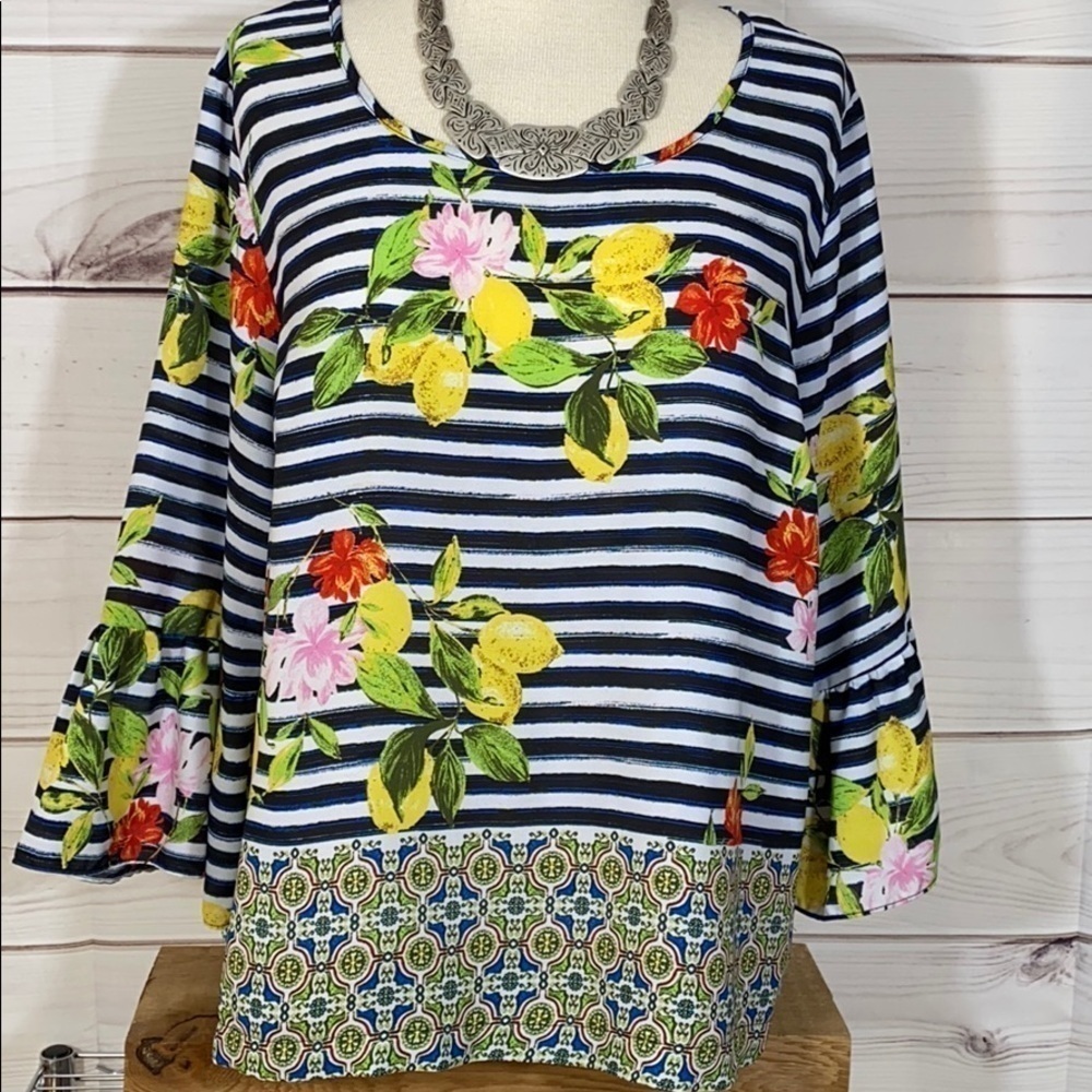 Floral Striped Zac & Rachel Top Flounce Sleeves XL